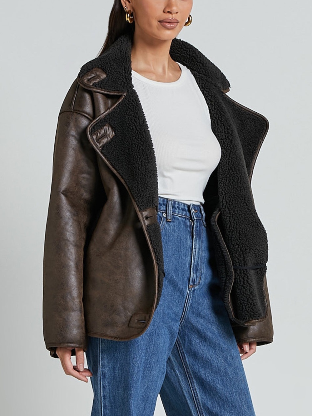NWT Pink Diamond Dark Brown Faux Leather Shearling-Trim Jacket - Picture 2 of 8